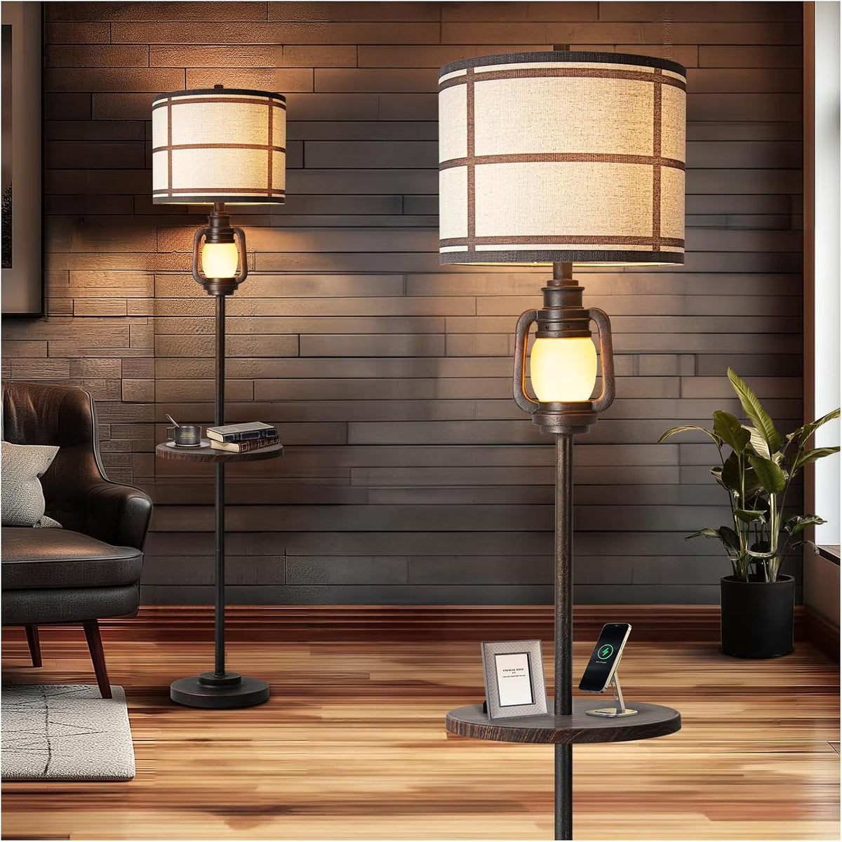 Farmhouse Metal Tray Floor Lamp for Living Room with Nightlight Vintage Tall Lamp with Linen Fabric Shade Industrial Standing Lamp for Bedroom Office