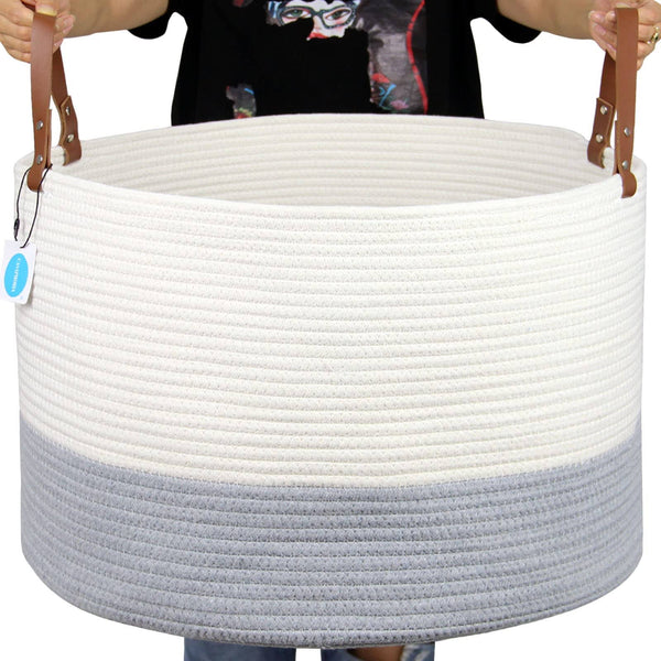 Casaphoria XXXLarge Cotton Rope Basket for Living Room - Woven Storage Basket with Long Handle for Blankets, Towels and Pillows Laundry Hamper |