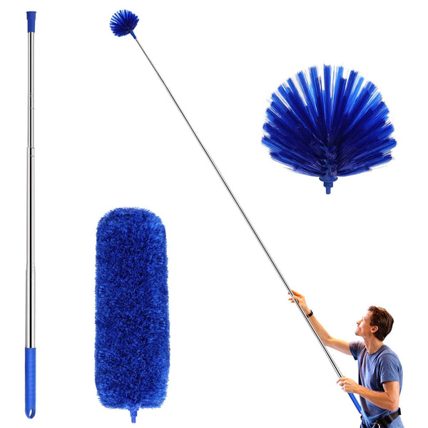 Ceiling Fan Duster with Extension Pole, Cobweb & Corner Brush Cleaning Kit W 2 Duster Heads for Cleaning,15-100 inch Long Handle Aluminum