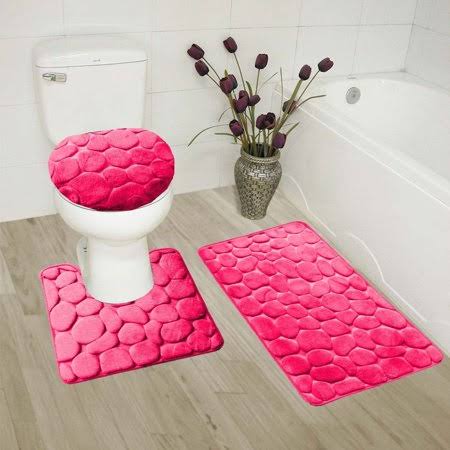 SAM2011 Rock Hot Pink 3-Piece Embossed Bathroom Rug Set Super Soft Memory Foam Bath Mat, Rug 19 inchx 30 inch, Contour Mat 19 inchx19 inch and Toilet