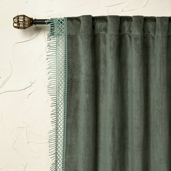 1pc 54"x63" Light Filtering Velvet Macrame Trim Window Curtain Panel Teal - Opalhouse Designed with Jungalow