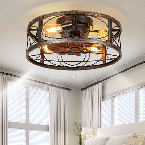 Dextrus 20" Caged Ceiling Fan with Lights and Remote Control, Rustic Farmhouse Flush Mount Design with Reversible DC Motor, 6 Speed Settings for