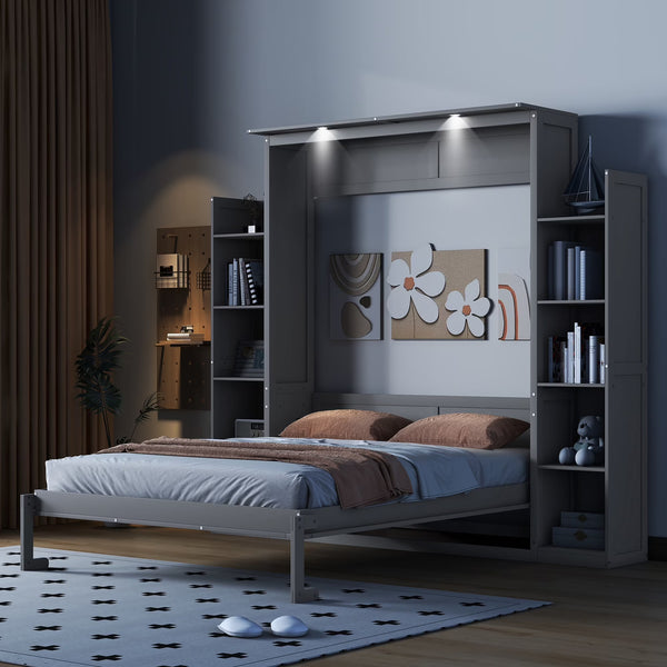 Aukfa Queen Size Murphy Bed with 5 - Tier Storage Shelf & LED Lights, Foldable Wall Bed Cabinet with Mattress Support, Space - Saving Design for