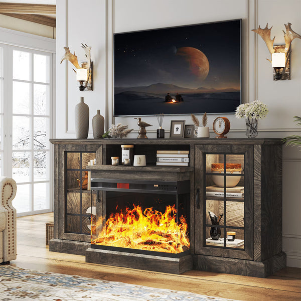 Easoger Fireplace TV Stand for Tvs up to 65", 12 Flame Colors&12 LED Light Colors, TV Console with 3-Sided Glass Fireplace, for Living Room, Gray