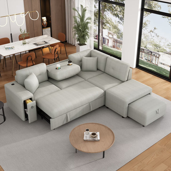 87" Modular Sectional Sleeper Sofa with Pull Out Bed, Convertible L - Shaped Couch with Ottoman, USB Ports and Two Cup Holders for Living Room