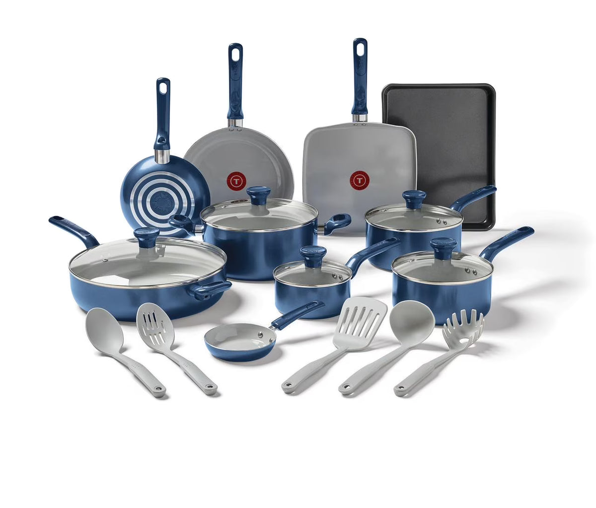 T - Fal Easy Care Ceramic, 20 Piece Pots and Pans Cookware Set, Electric Blue