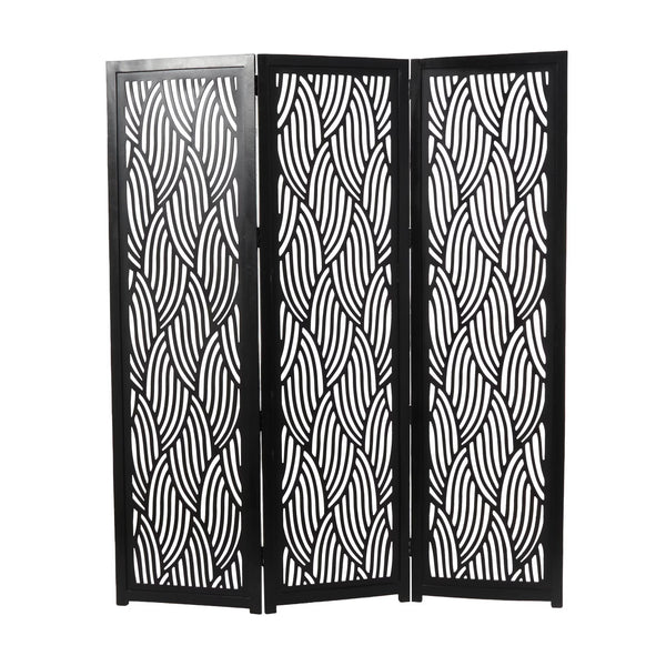 Decmode 60" x 72" Black Mango Wood Abstract Wavy Cutout 3 Panel Room Divider Screen, 1 - Piece